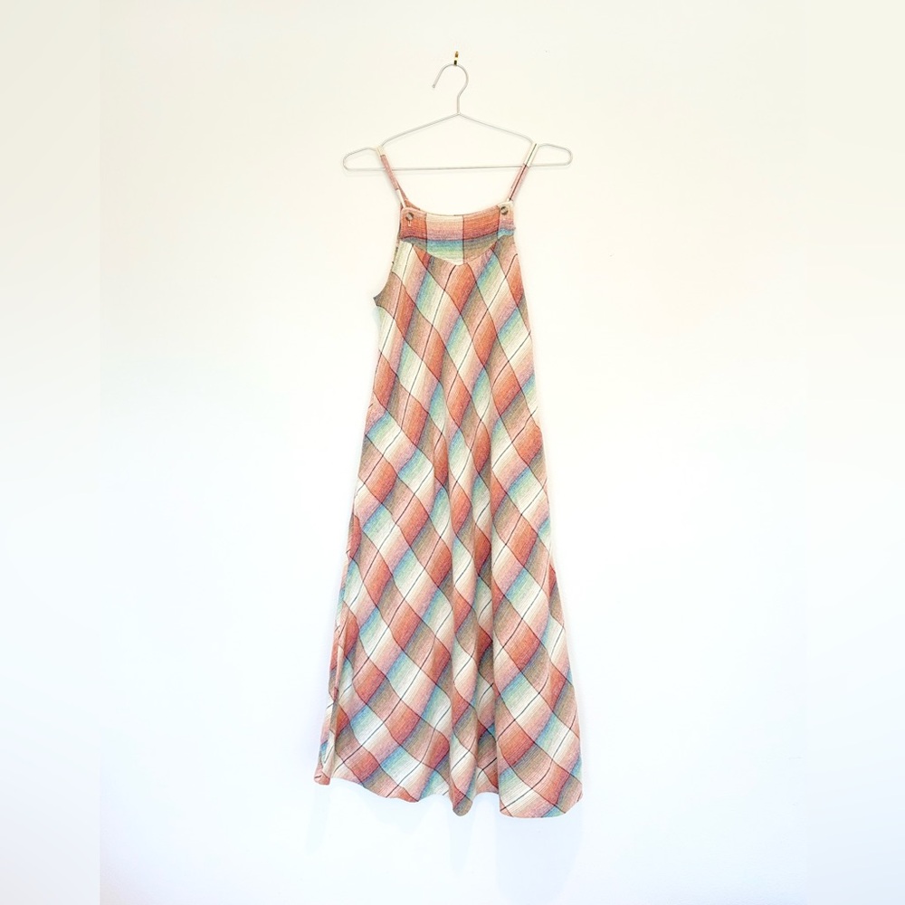 vtg wool rainbow argyle pinafore - plaid midi chore dress - M euc